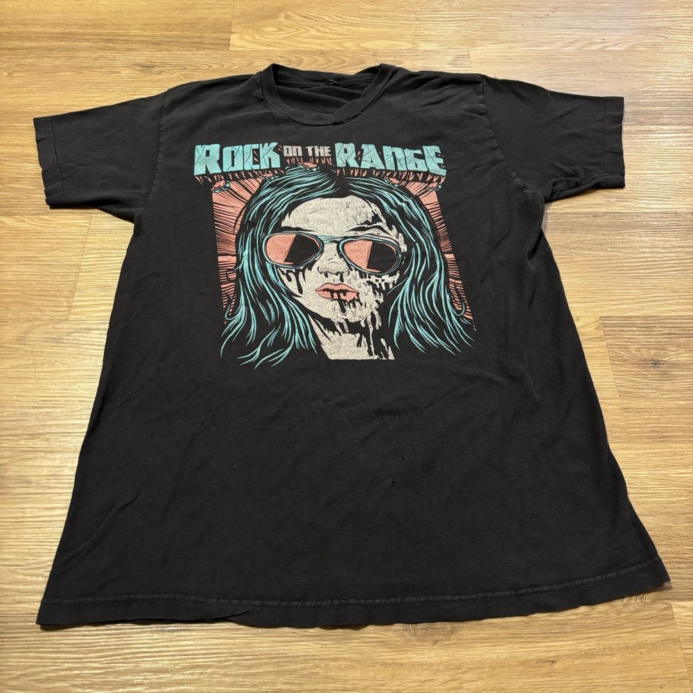 Rock On The Range 2015 Festival Tee Sz Large Fits Medium Black Distress Thrashed